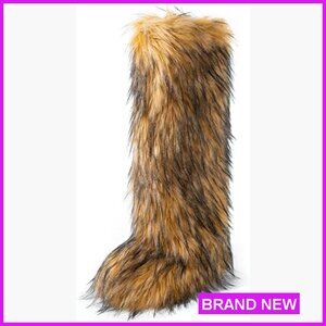 Faux Fur Knee-High Boots Plush Warm Winter Flat Shoes Cozy Indoor Outdoor